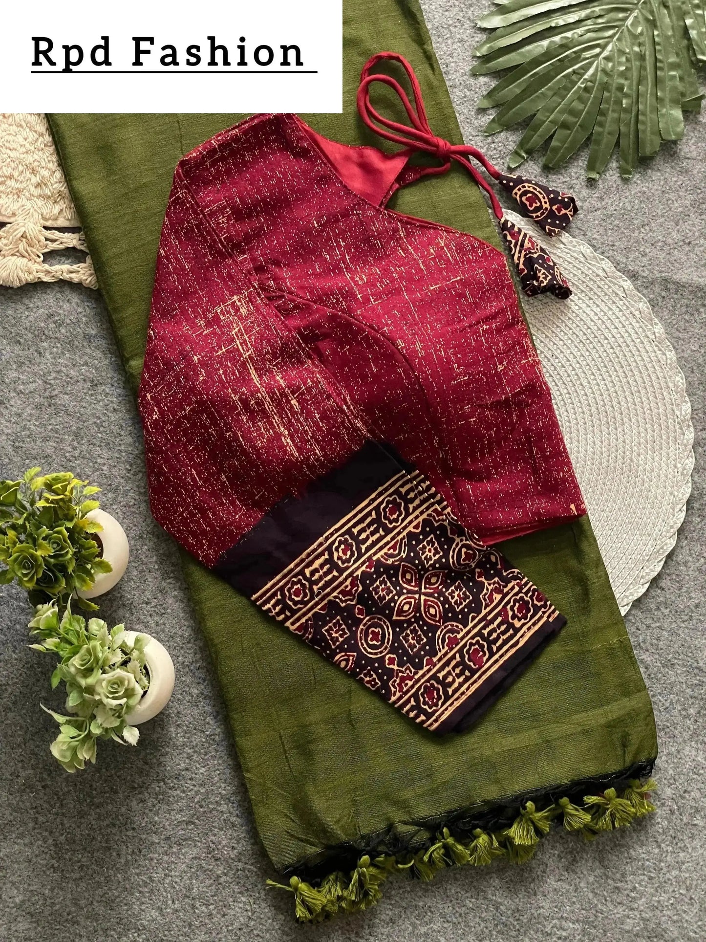 presenting ajrakh cotton long sleeve blouse with khadi cotton saree - rpd fashion