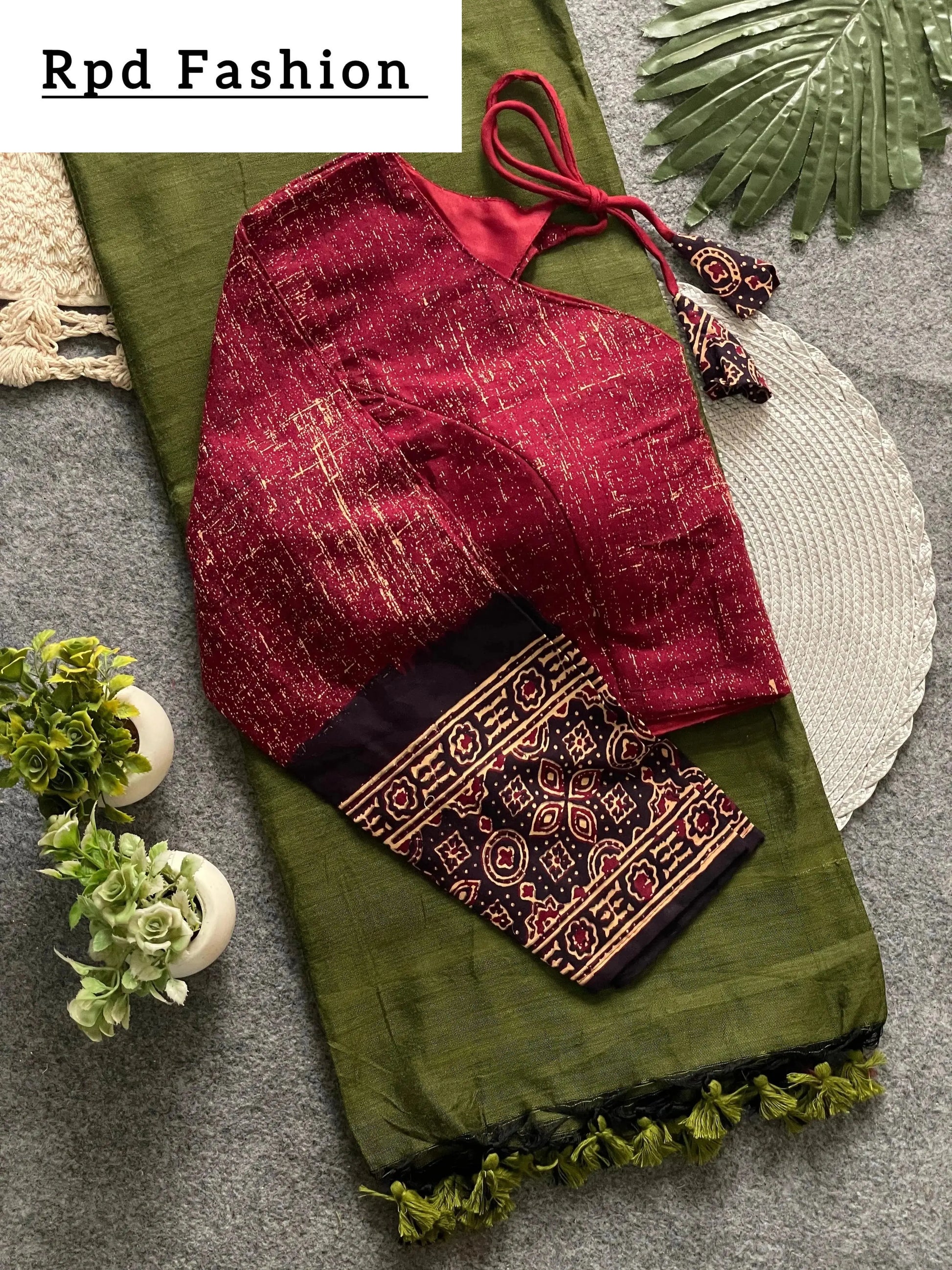 Presenting ajrakh cotton long sleeve blouse with khadi cotton saree - RPD Fashion
