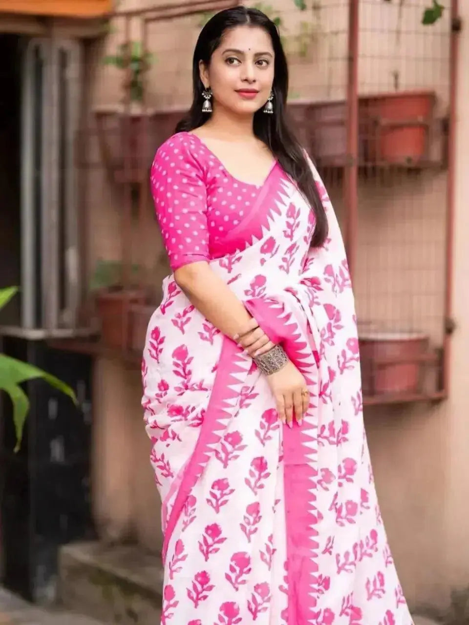 printed cotton saree for women | pink & white floral print daily wear saree - rpd fashion