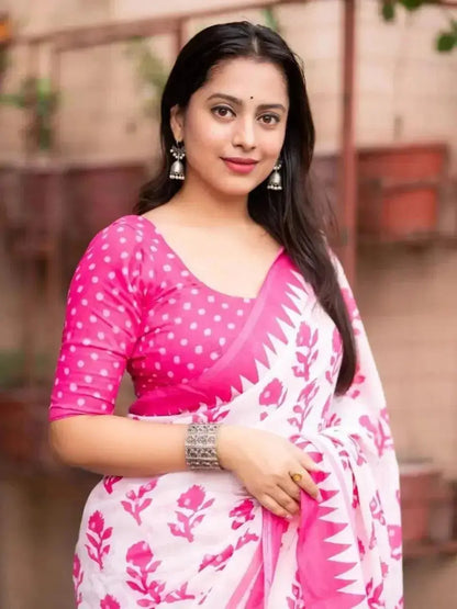 Printed Cotton Saree for Women | Pink & White Floral Print Daily Wear Saree - RPD Fashion
