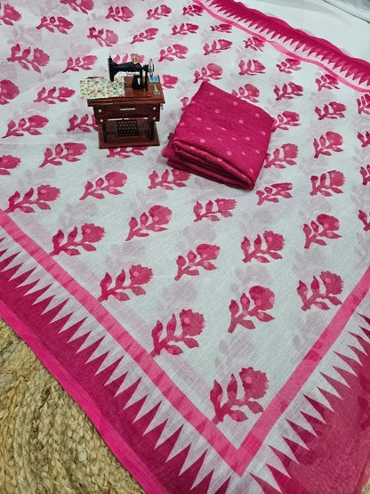 Printed Cotton Saree for Women | Pink & White Floral Print Daily Wear Saree - RPD Fashion