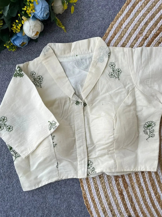 Pure Khadi Cotton Blouse for Women – Minimal Floral Embroidery, Front Open Style - RPD Fashion