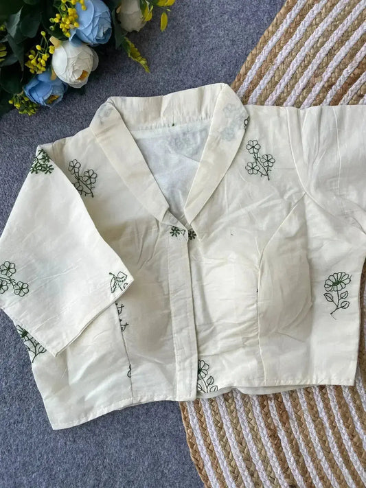 Pure Khadi Cotton Blouse for Women – Minimal Floral Embroidery, Front Open Style - RPD Fashion