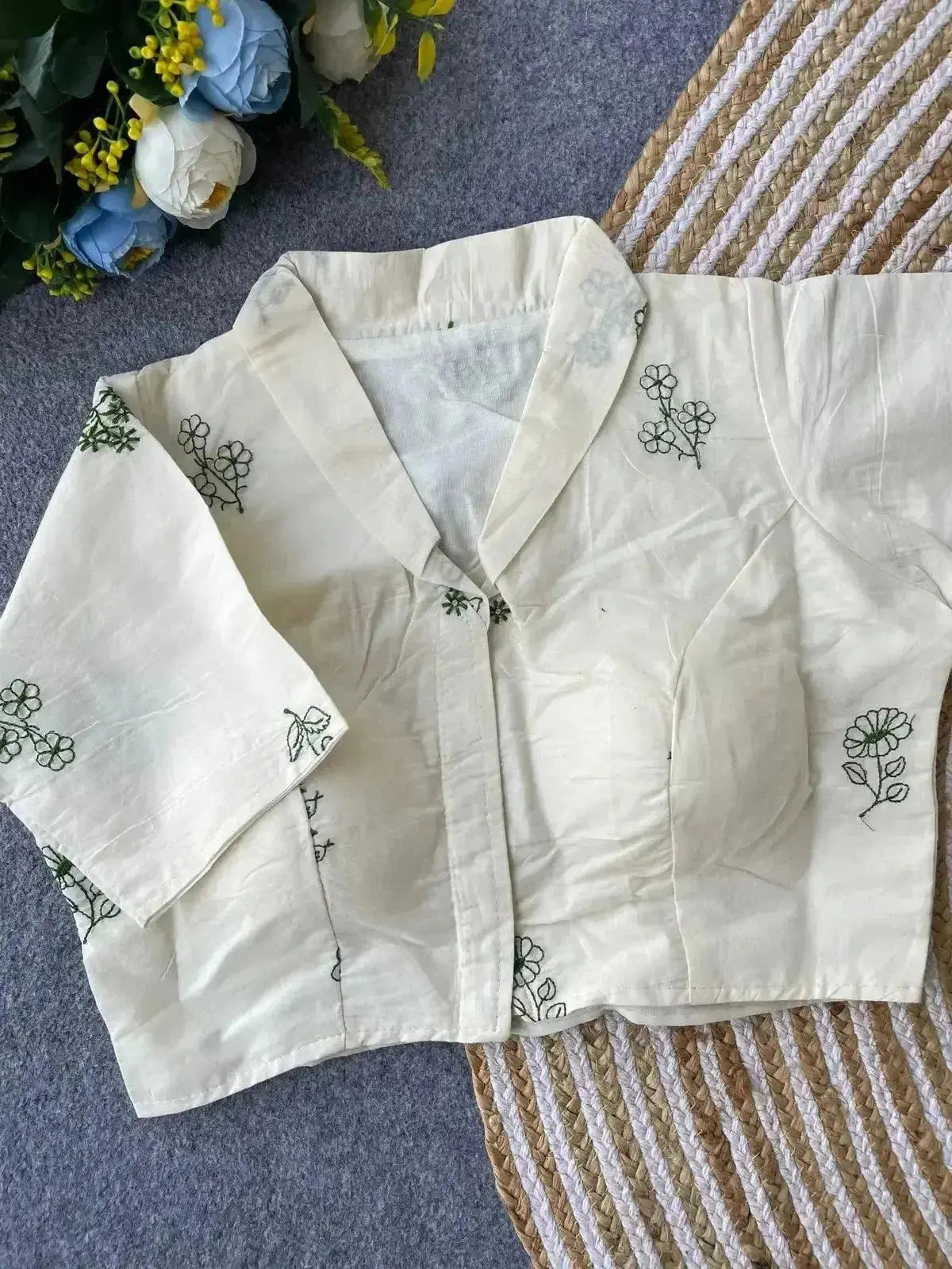 pure khadi cotton blouse for women – minimal floral embroidery, front open style - rpd fashion