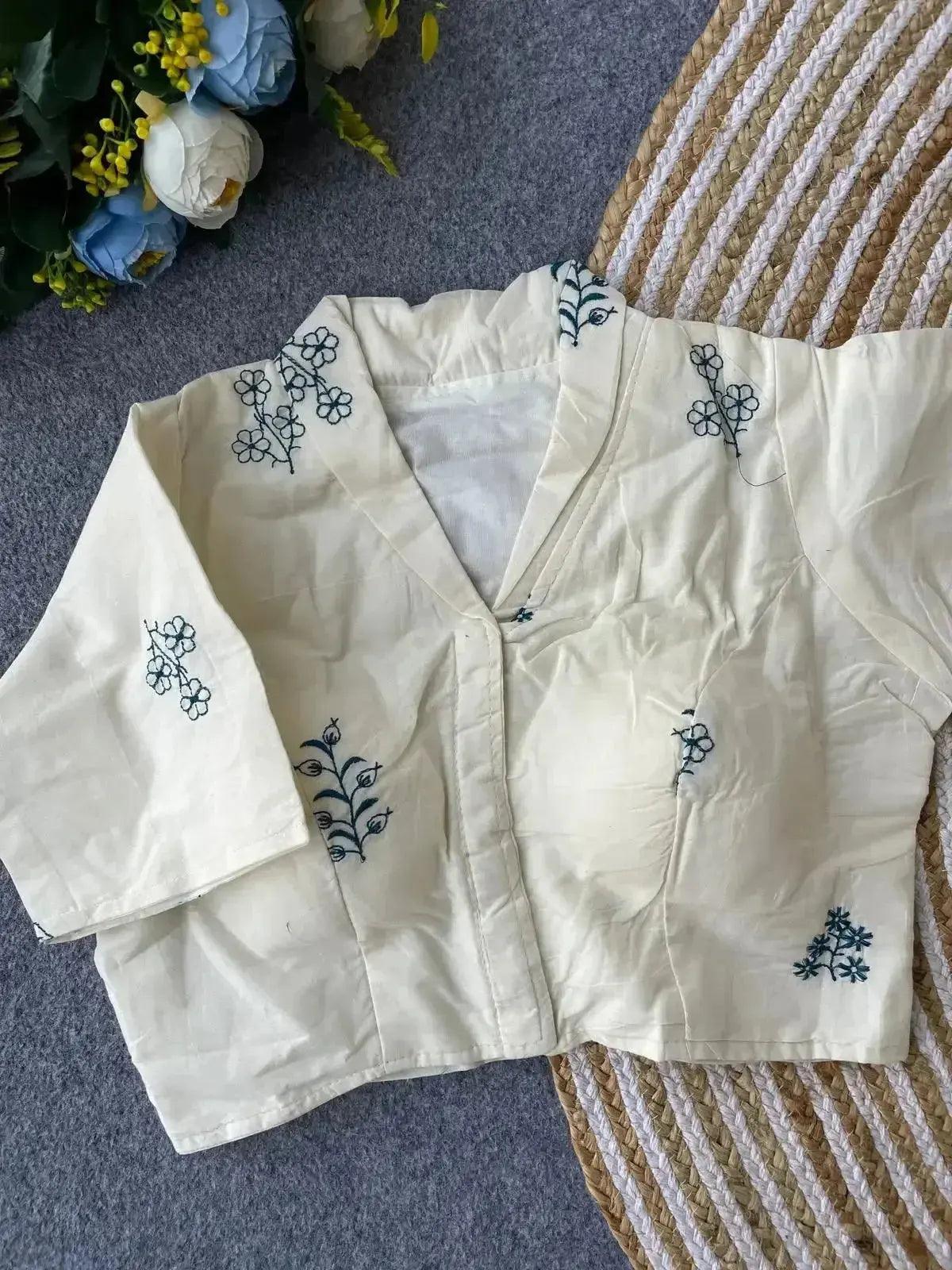 pure khadi cotton blouse for women – minimal floral embroidery, front open style - rpd fashion