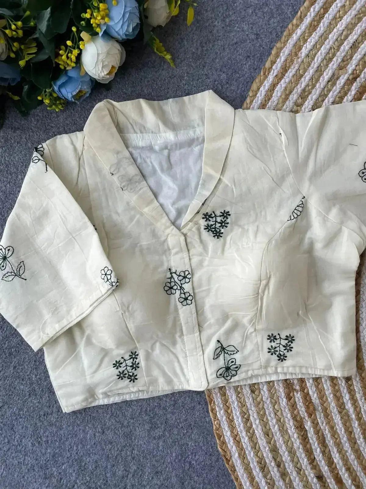 pure khadi cotton blouse for women – minimal floral embroidery, front open style - rpd fashion