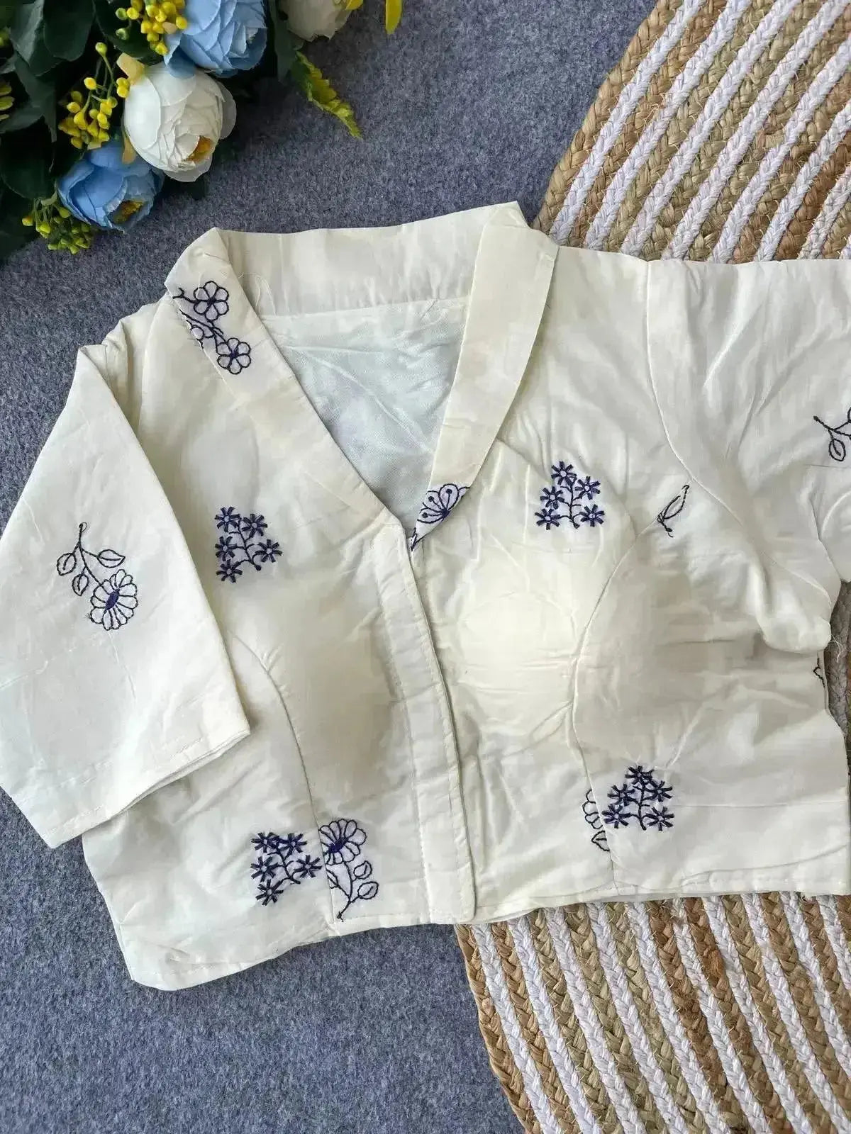 pure khadi cotton blouse for women – minimal floral embroidery, front open style - rpd fashion