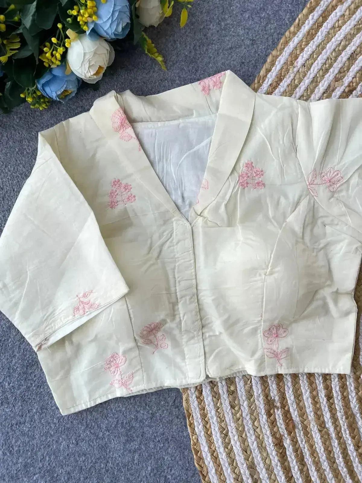pure khadi cotton blouse for women – minimal floral embroidery, front open style - rpd fashion