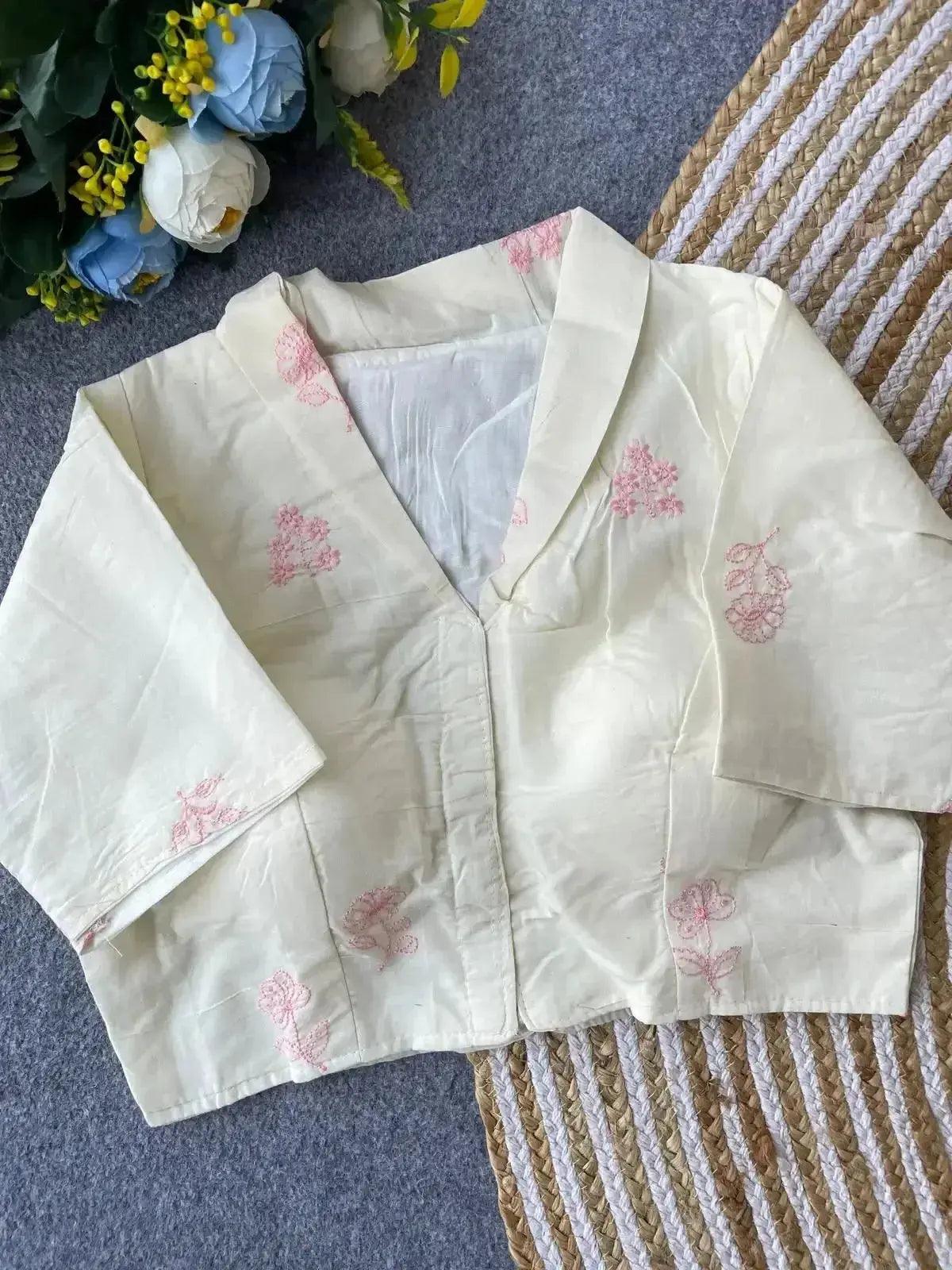 pure khadi cotton blouse for women – minimal floral embroidery, front open style - rpd fashion