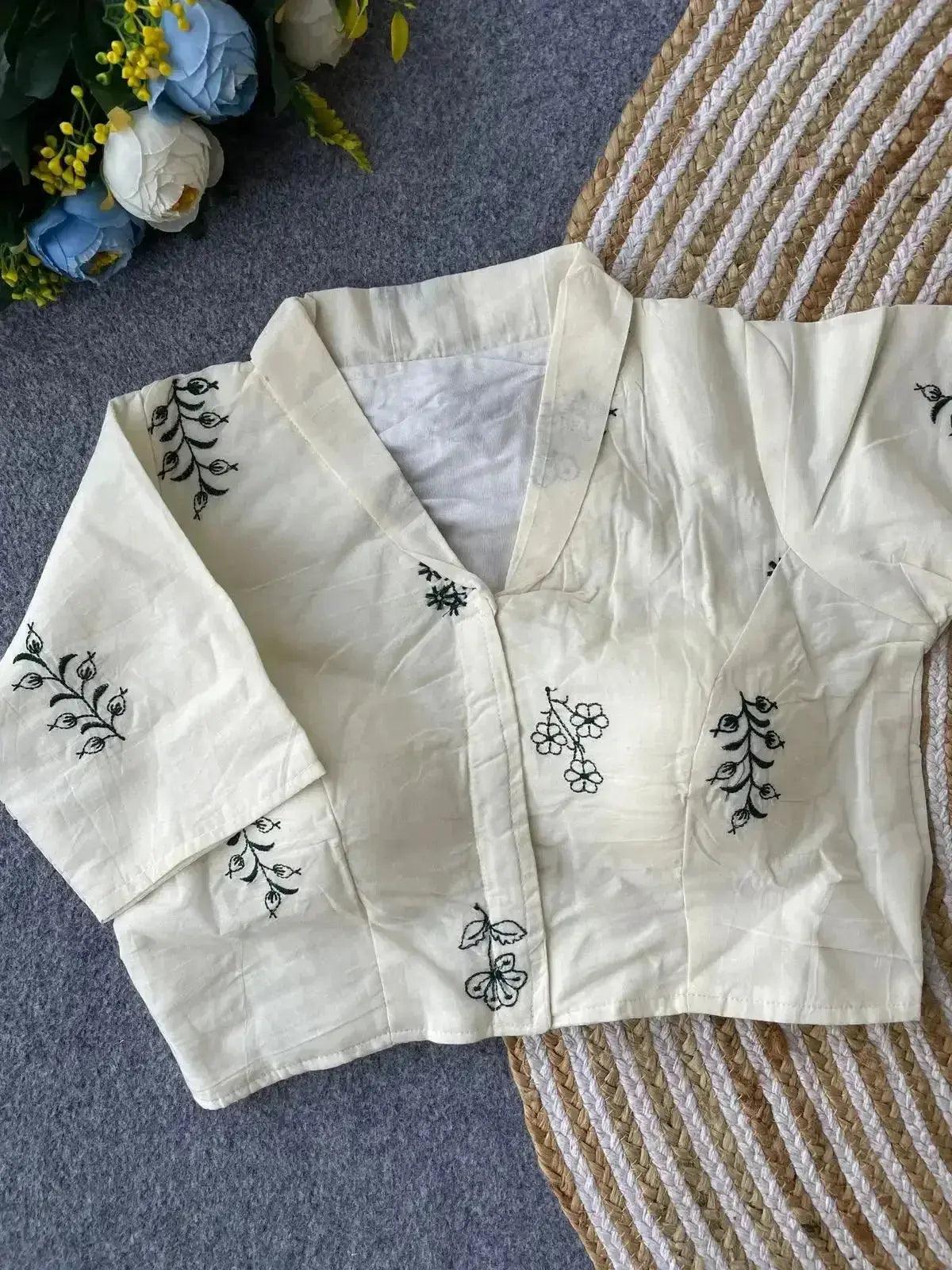 pure khadi cotton blouse for women – minimal floral embroidery, front open style - rpd fashion