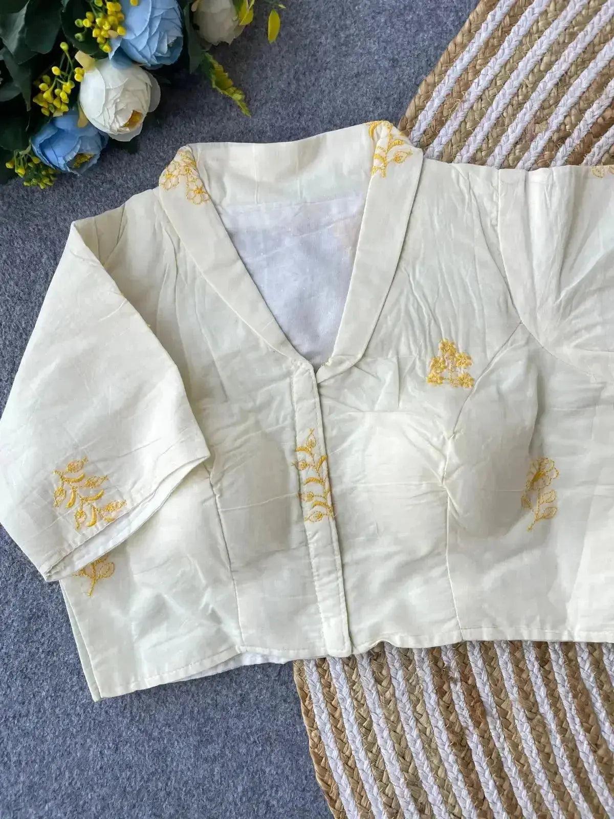 pure khadi cotton blouse for women – minimal floral embroidery, front open style - rpd fashion