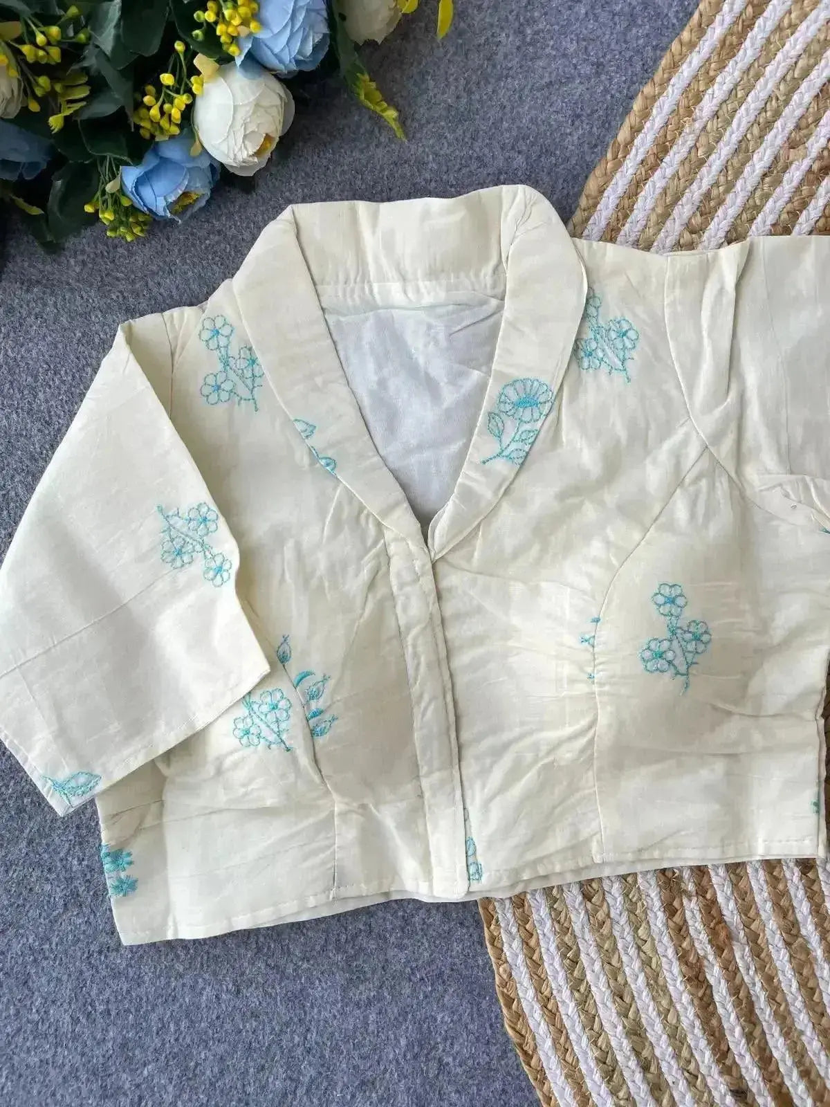 pure khadi cotton blouse for women – minimal floral embroidery, front open style - rpd fashion