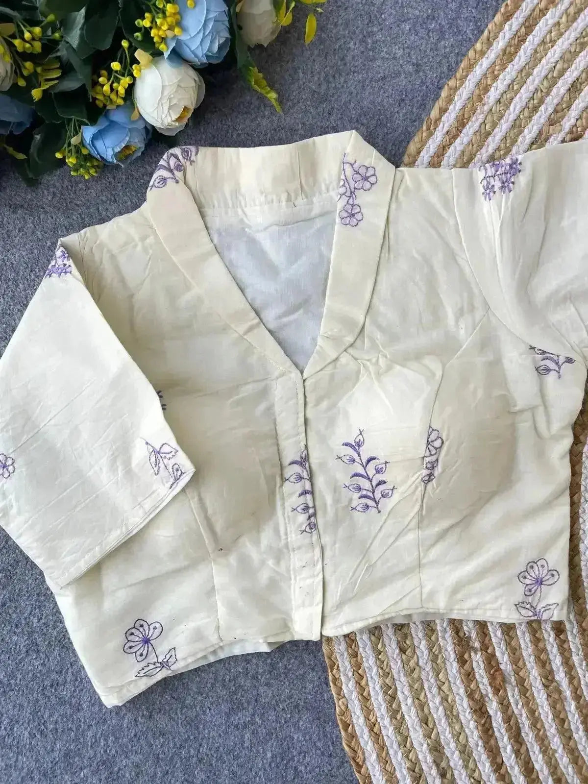 pure khadi cotton blouse for women – minimal floral embroidery, front open style - rpd fashion