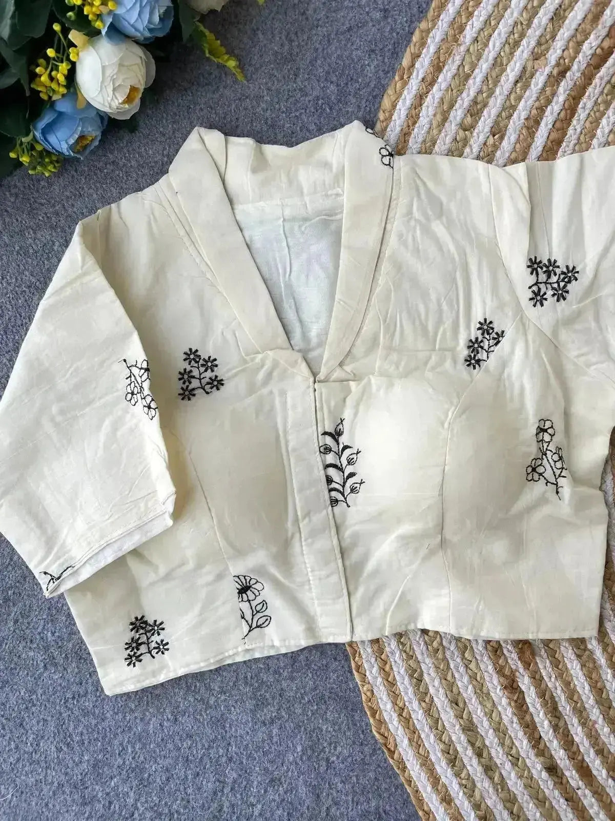 pure khadi cotton blouse for women – minimal floral embroidery, front open style - rpd fashion