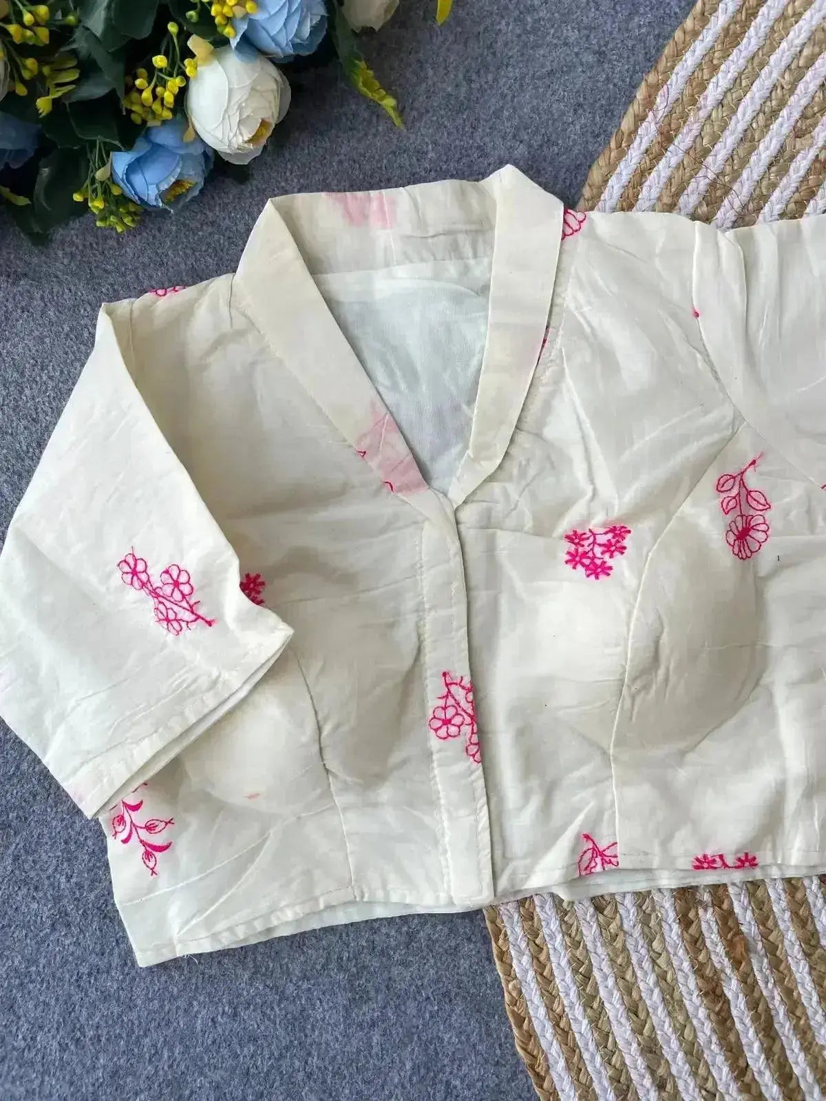 pure khadi cotton blouse for women – minimal floral embroidery, front open style - rpd fashion