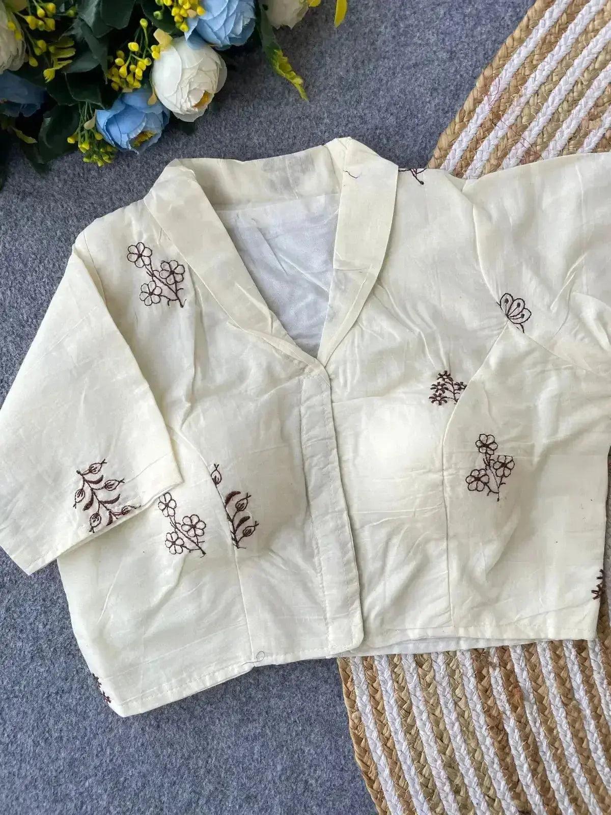 pure khadi cotton blouse for women – minimal floral embroidery, front open style - rpd fashion