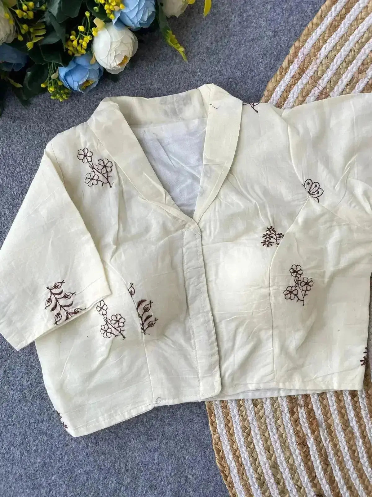 Pure Khadi Cotton Blouse for Women – Minimal Floral Embroidery, Front Open Style - RPD Fashion