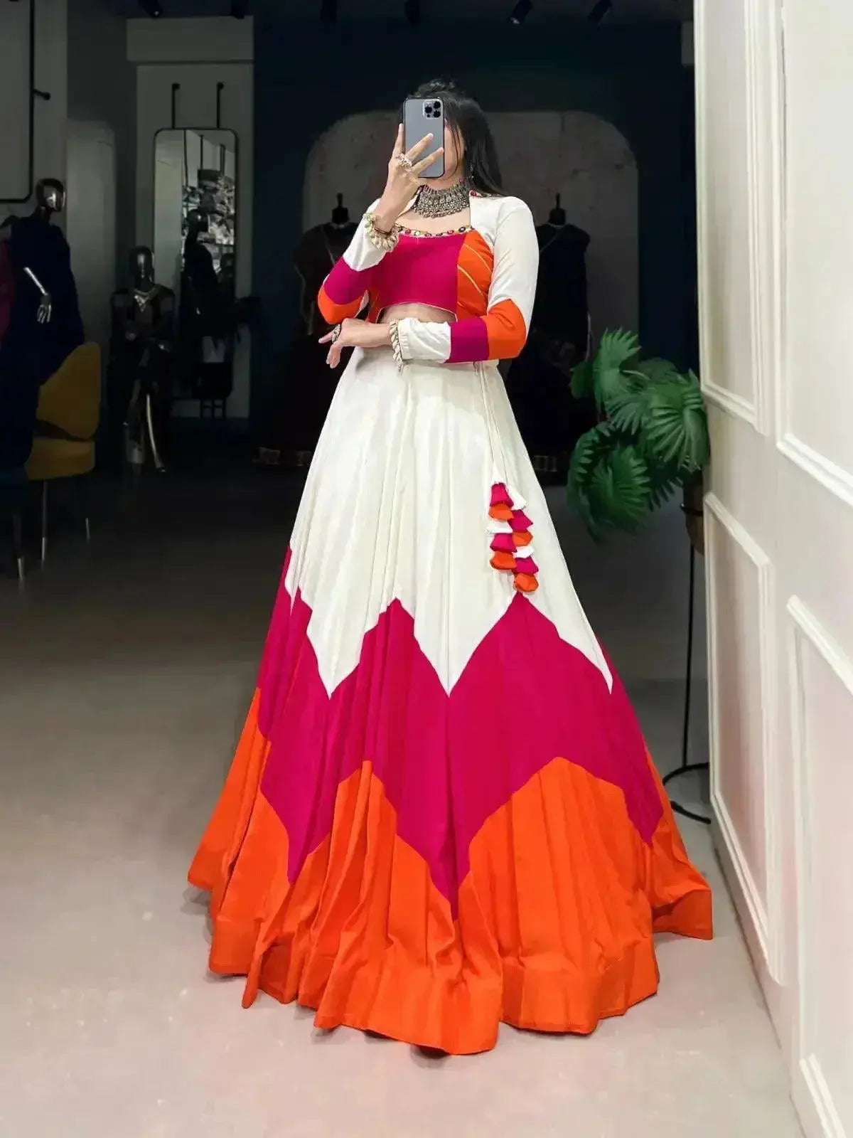 Pure Rayon Plain Lehenga With Original Mirror & Gamthi Work Blouse & Kodi Lace - RPD Fashion