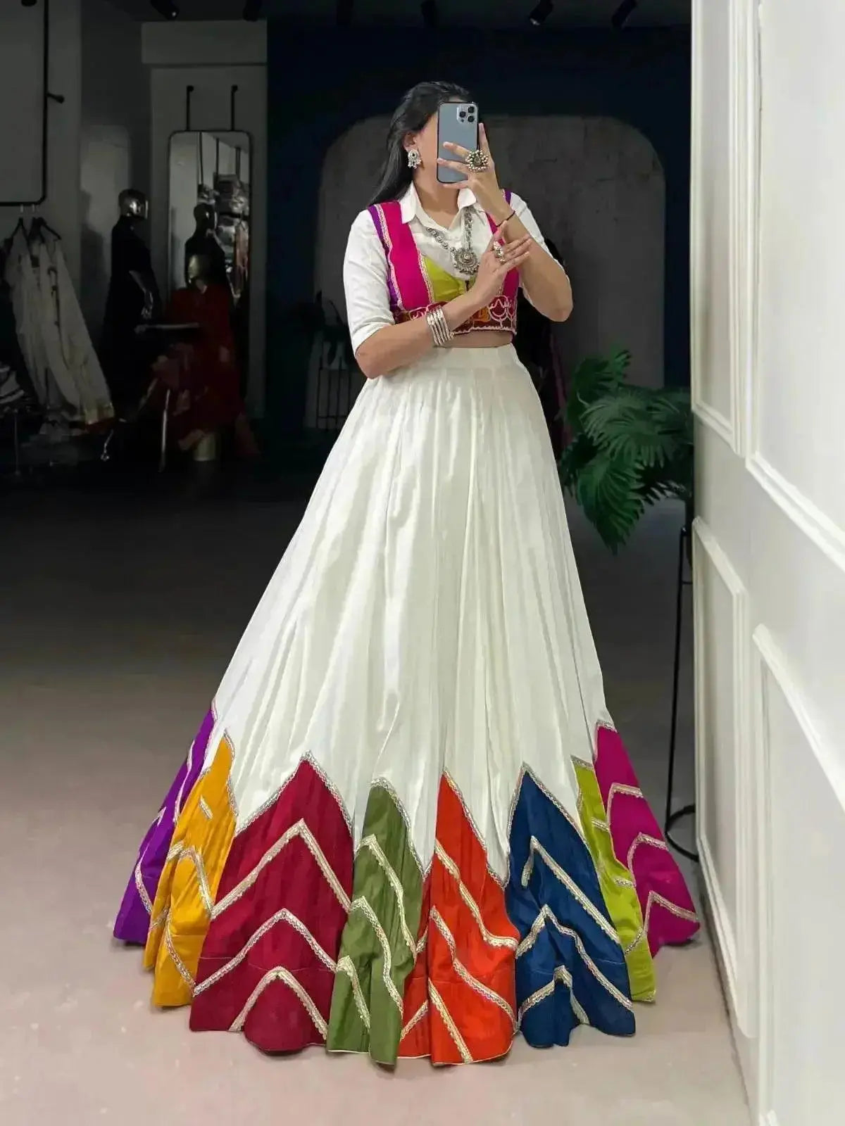 Rayon Multi Color Patch Lace Gamthi Kodi Work White Concept Navratri Special Lehenga Choli (Ready to Wear) - RPD Fashion