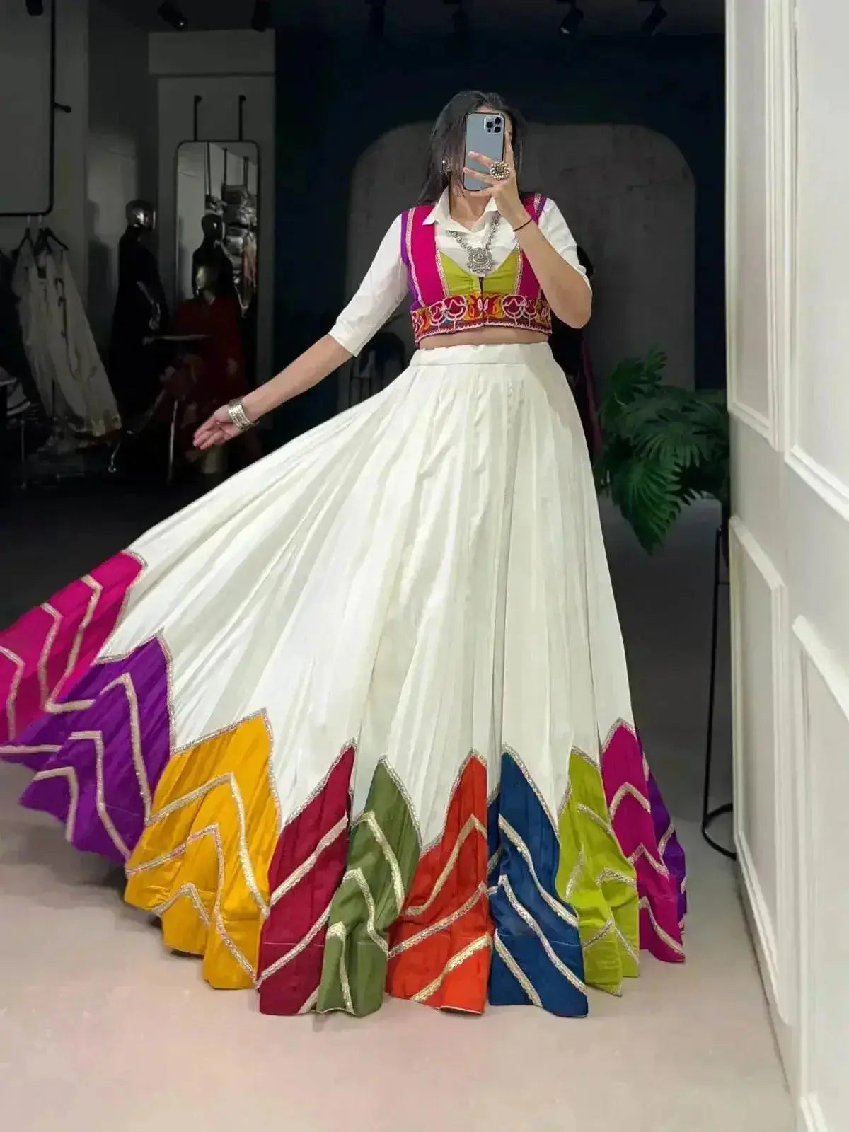 Rayon Multi Color Patch Lace Gamthi Kodi Work White Concept Navratri Special Lehenga Choli (Ready to Wear) - RPD Fashion