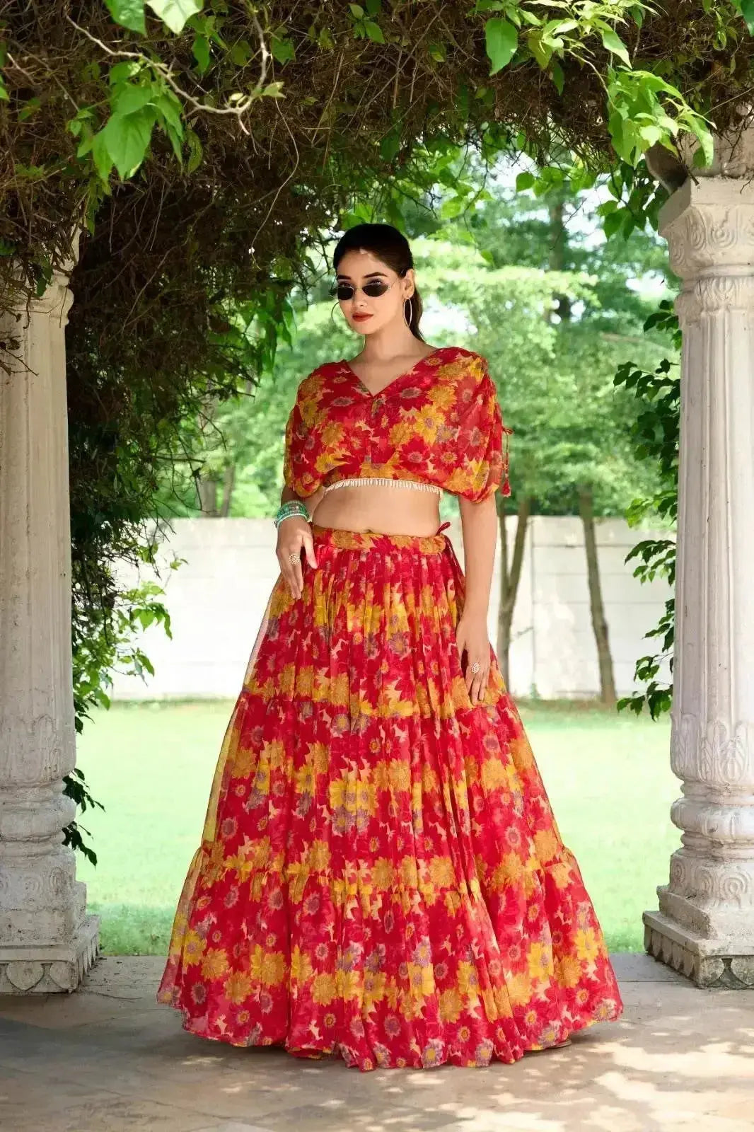 red blue pure chiffon floral print lehenga choli - rpd fashion