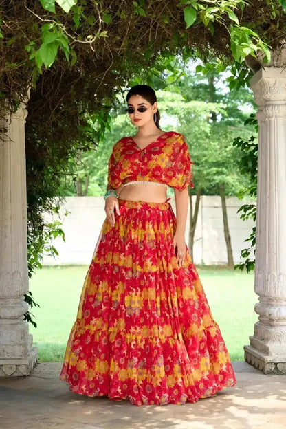 Red Blue Pure Chiffon Floral Print Lehenga Choli - RPD Fashion