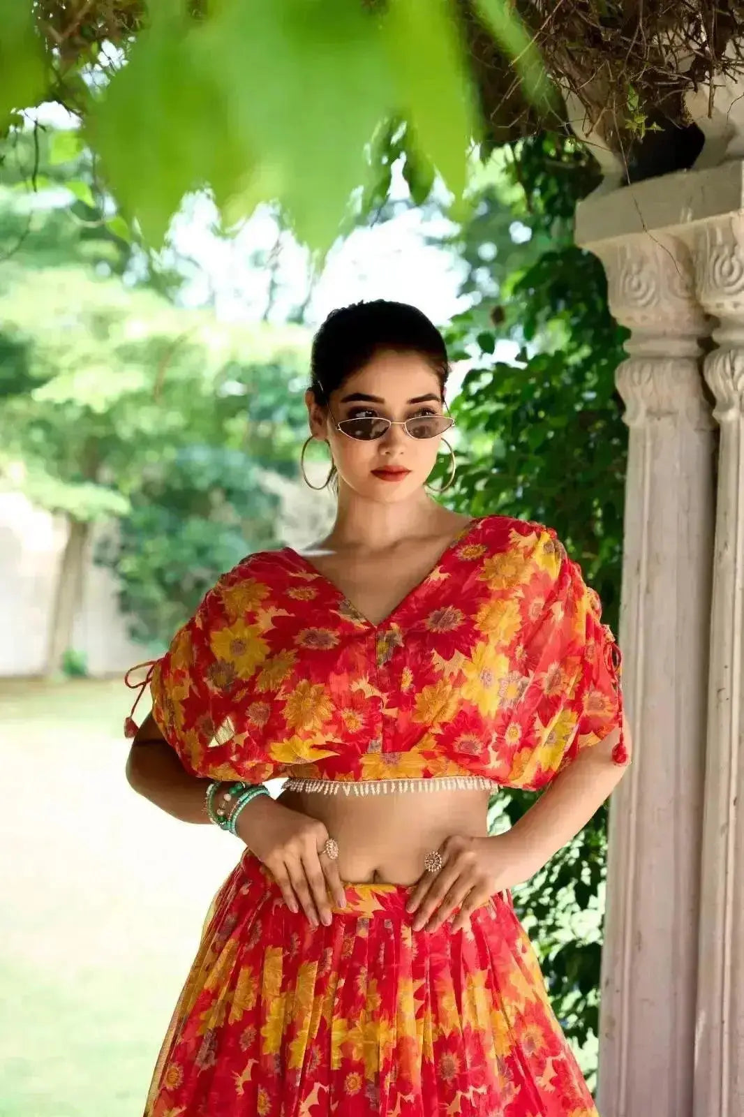 Red Blue Pure Chiffon Floral Print Lehenga Choli - RPD Fashion