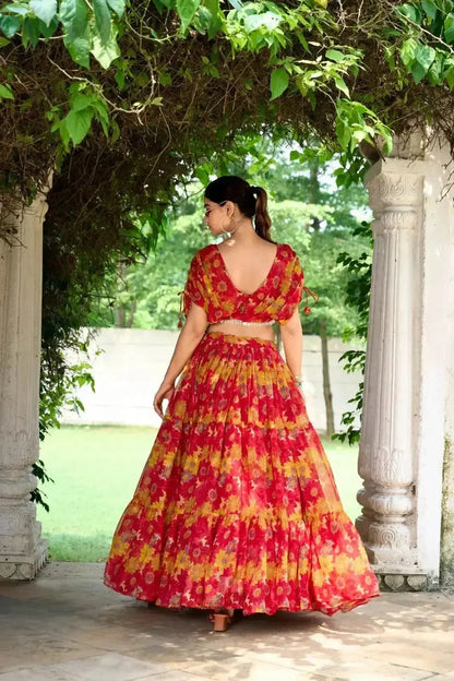 Red Blue Pure Chiffon Floral Print Lehenga Choli - RPD Fashion