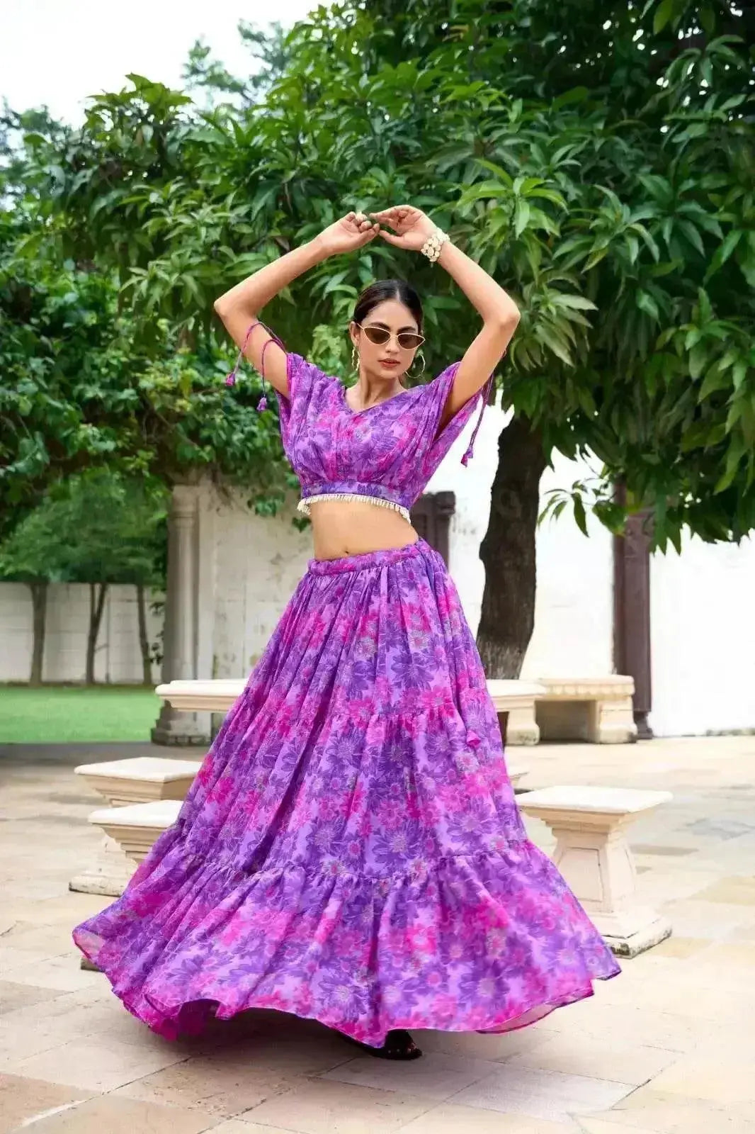 Red Blue Pure Chiffon Floral Print Lehenga Choli - RPD Fashion