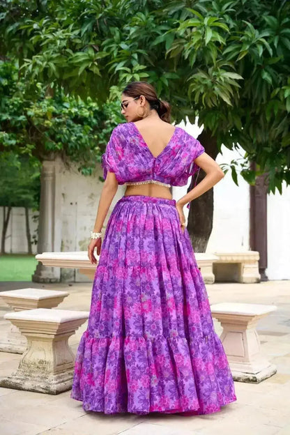 Red Blue Pure Chiffon Floral Print Lehenga Choli - RPD Fashion