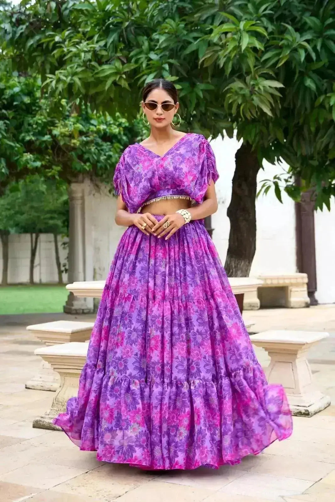 red blue pure chiffon floral print lehenga choli - rpd fashion