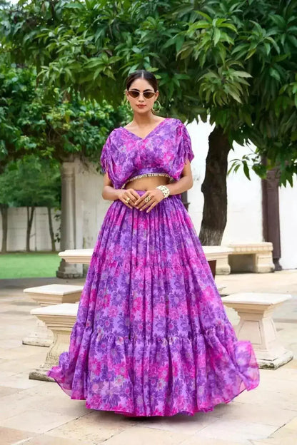 Red Blue Pure Chiffon Floral Print Lehenga Choli - RPD Fashion