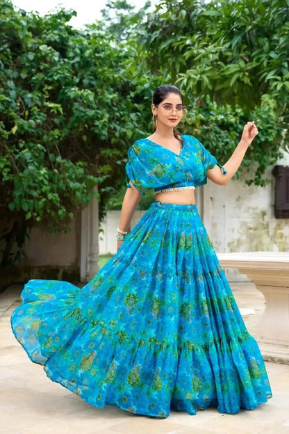 Red Blue Pure Chiffon Floral Print Lehenga Choli - RPD Fashion