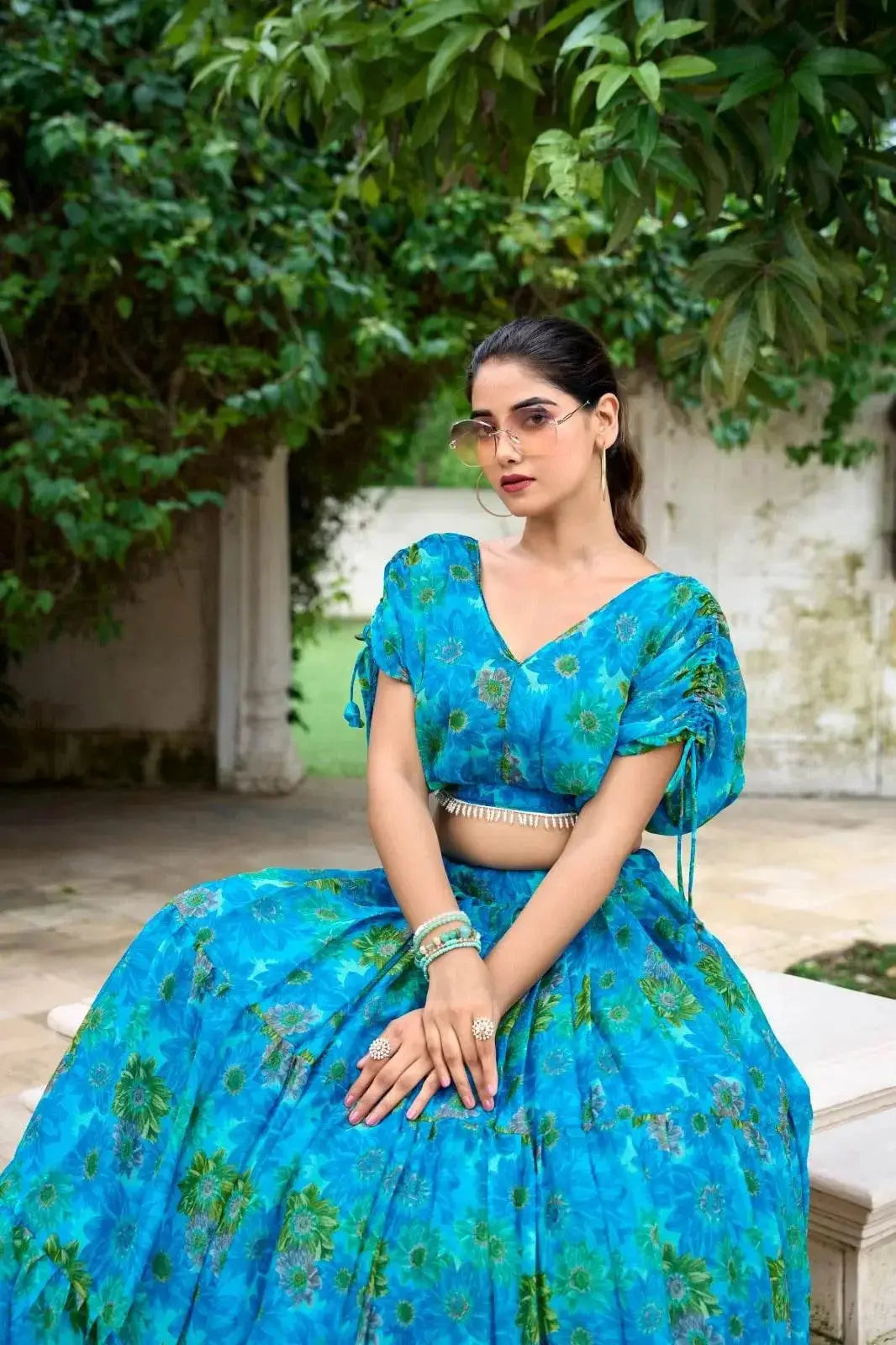 red blue pure chiffon floral print lehenga choli - rpd fashion