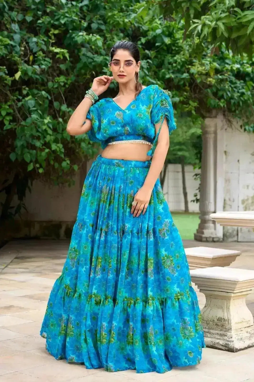 red blue pure chiffon floral print lehenga choli - rpd fashion