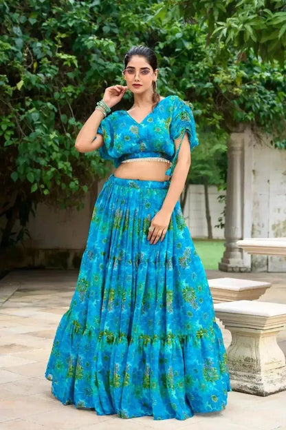 Red Blue Pure Chiffon Floral Print Lehenga Choli - RPD Fashion