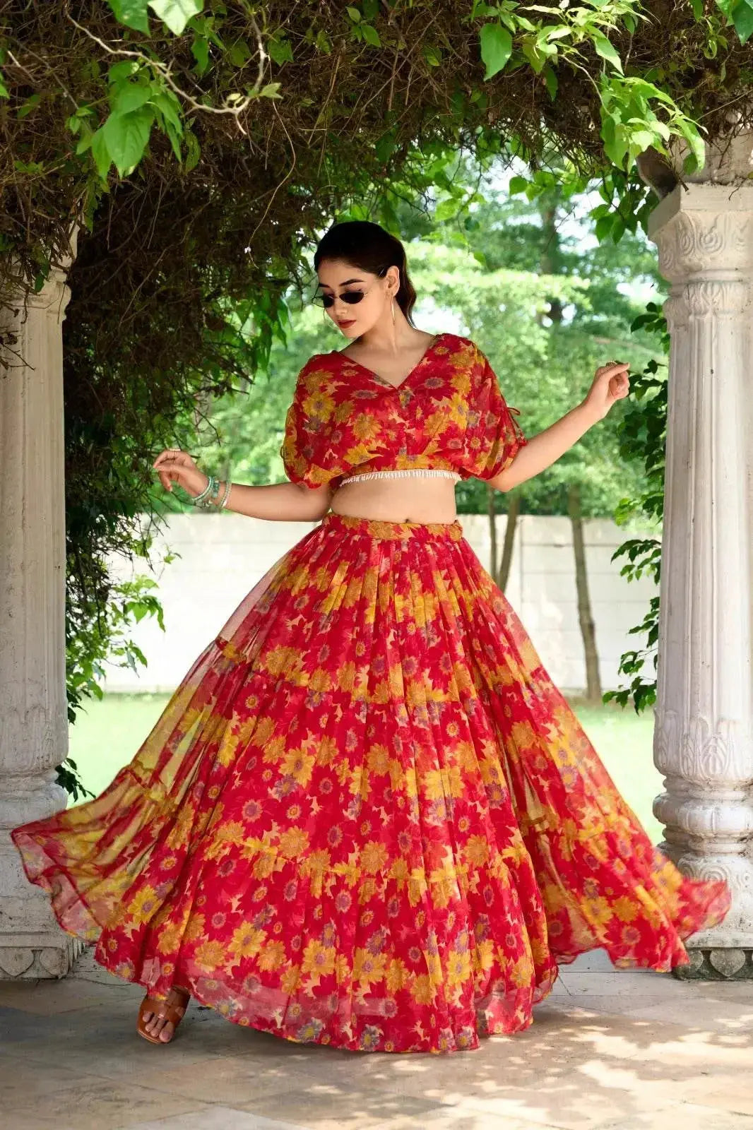 Red Blue Pure Chiffon Floral Print Lehenga Choli - RPD Fashion