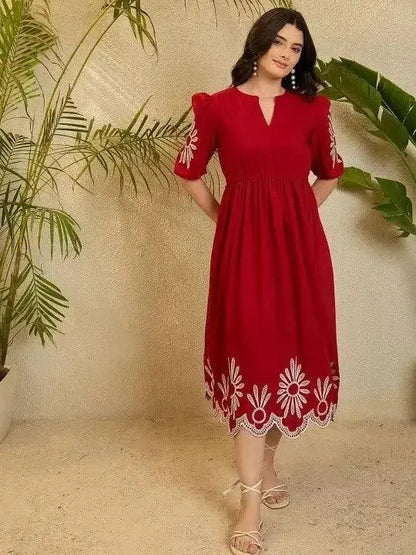 Red Embroidery Puff Sleeve Maxi Dress - RPD Fashion