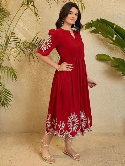 Red Embroidery Puff Sleeve Maxi Dress - RPD Fashion