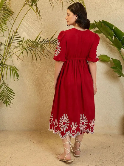 Red Embroidery Puff Sleeve Maxi Dress - RPD Fashion