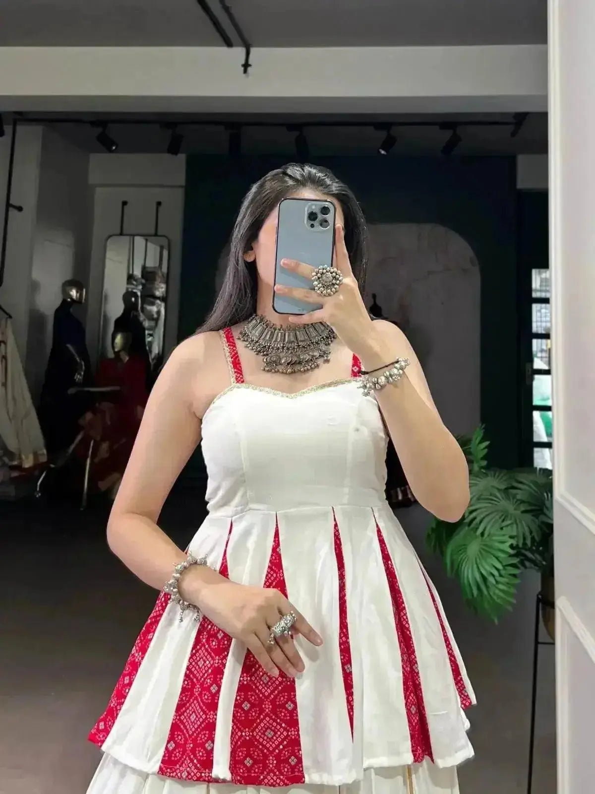 red & white rayon lehenga choli set: multi patchwork indian garba outfit - rpd fashion