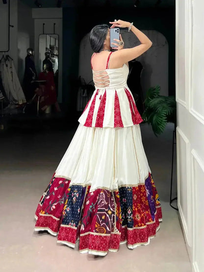 Red & White Rayon Lehenga Choli Set: Multi Patchwork Indian Garba Outfit - RPD Fashion