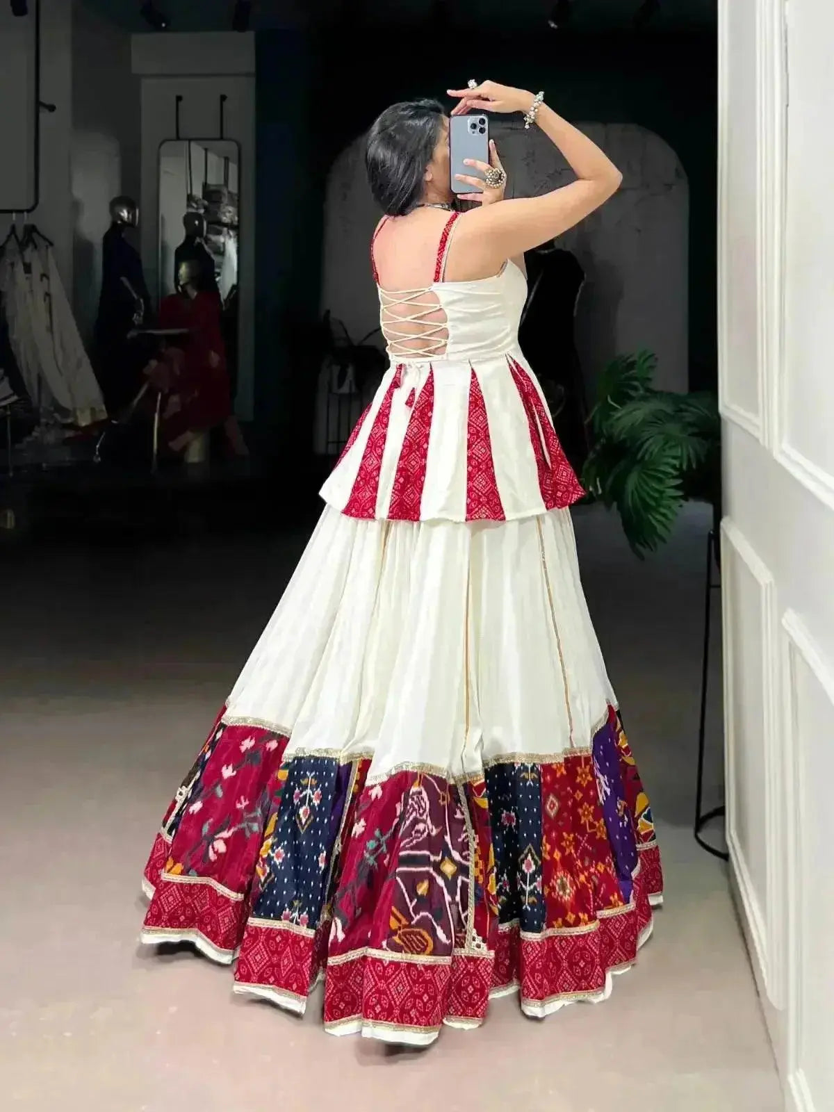 red & white rayon lehenga choli set: multi patchwork indian garba outfit - rpd fashion