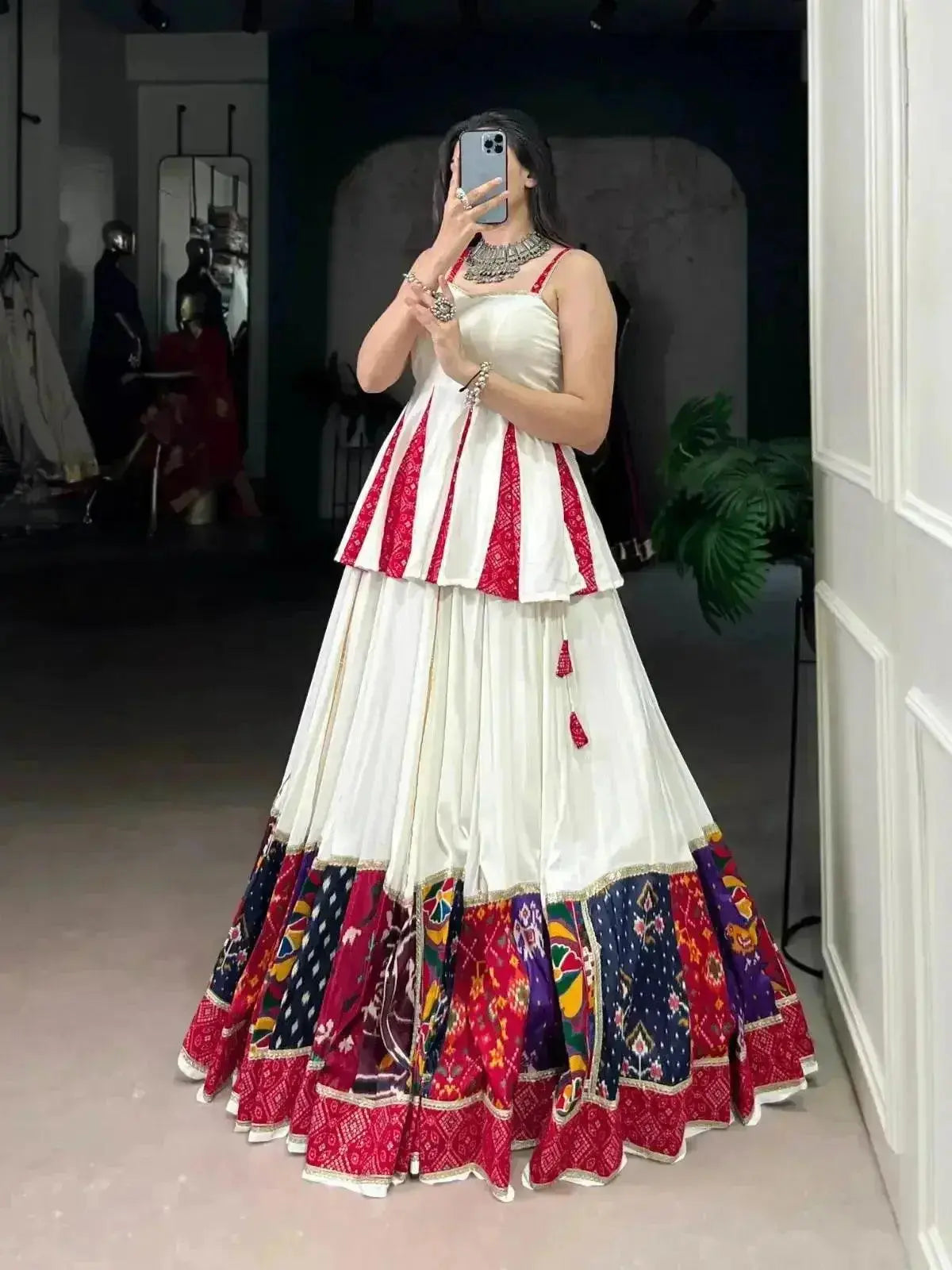 red & white rayon lehenga choli set: multi patchwork indian garba outfit - rpd fashion