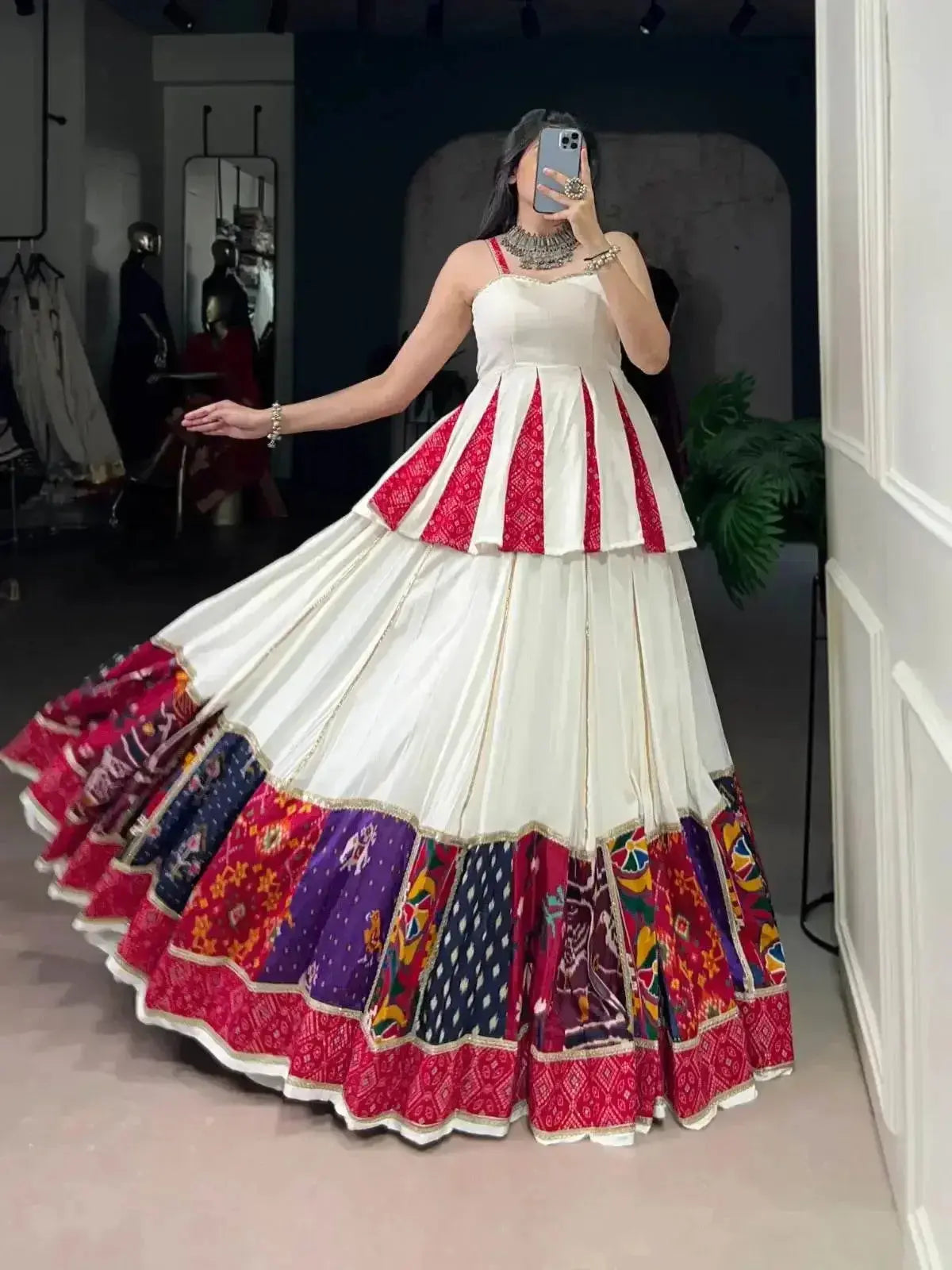 red & white rayon lehenga choli set: multi patchwork indian garba outfit - rpd fashion