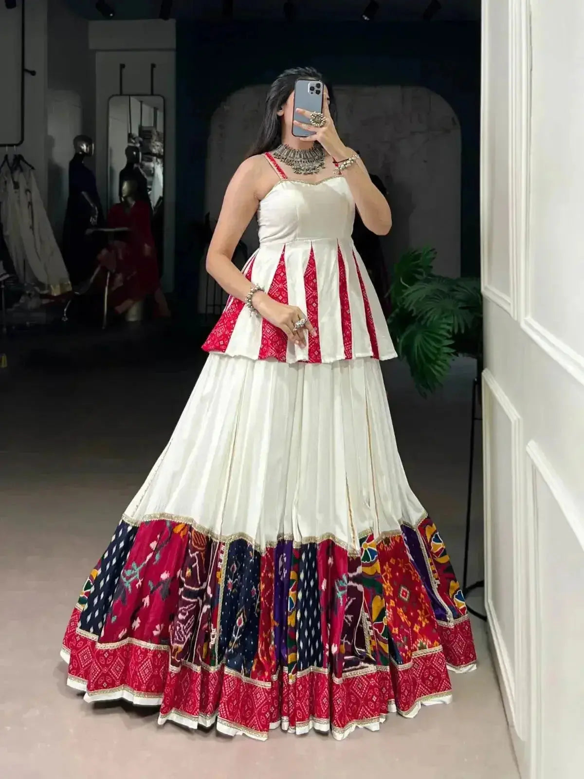 red & white rayon lehenga choli set: multi patchwork indian garba outfit - rpd fashion