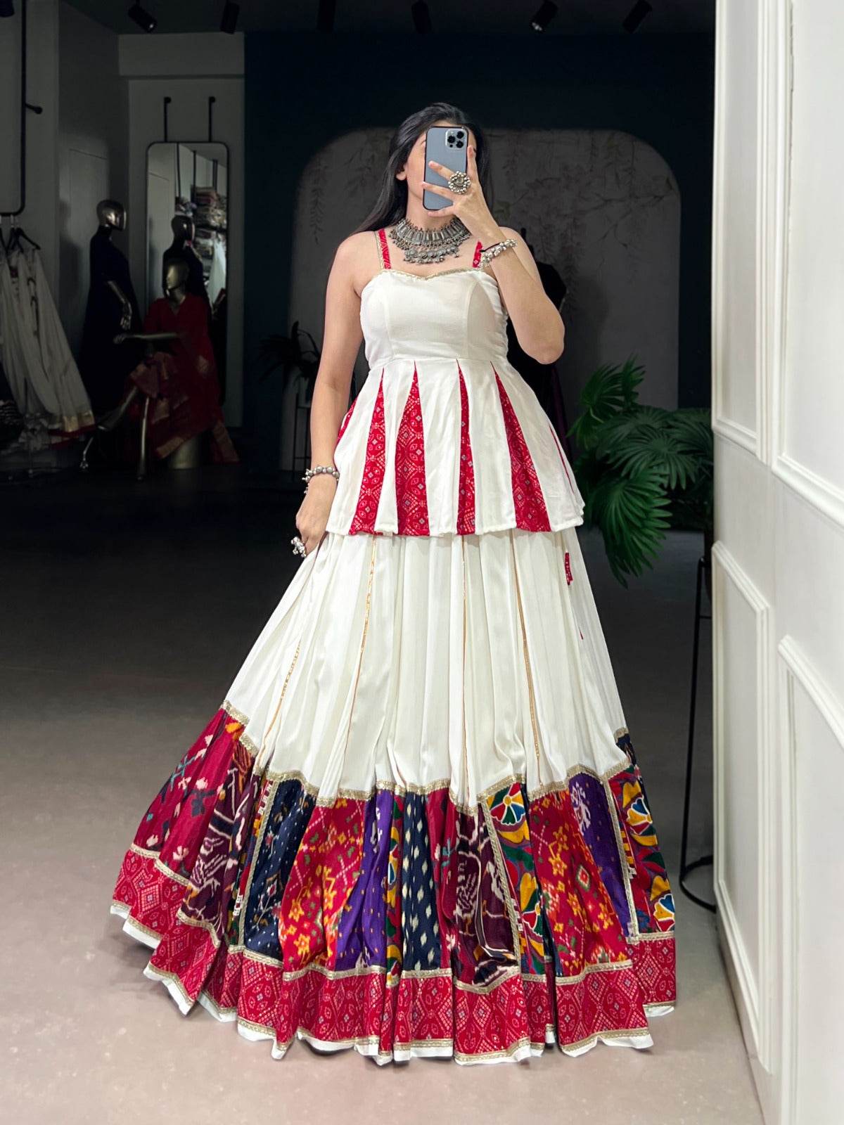 red & white rayon lehenga choli set: multi patchwork indian garba outfit - rpd fashion