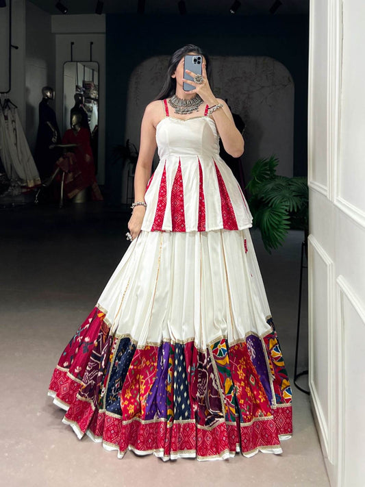 Red & White Rayon Lehenga Choli Set: Multi Patchwork Indian Garba Outfit - Rpd Fashion