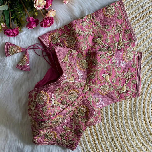 Heavy Embroidered Bridal Blouse for Bride – Banarasi Silk Pink Wedding Blouse - RPD Fashion