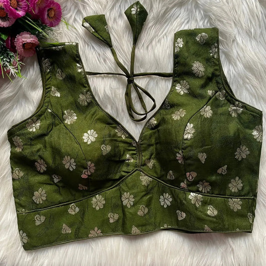 Olive Green Jacquard Silk Blouse with Floral Weave – Elegant Saree Blouse - RPD Fashion